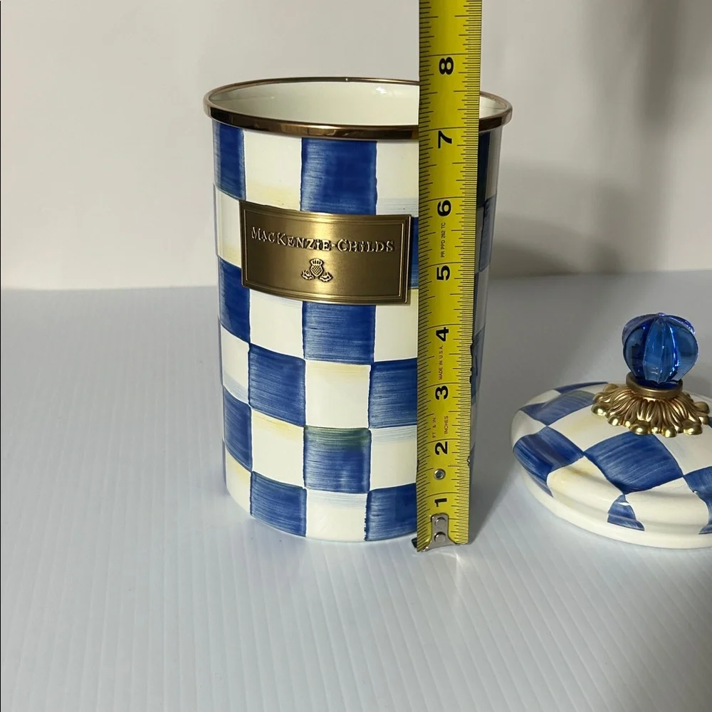 MacKenzie-Childs Royal Blue Check Large Canister Enamelware Kitchen Storage - Picture 7 of 8